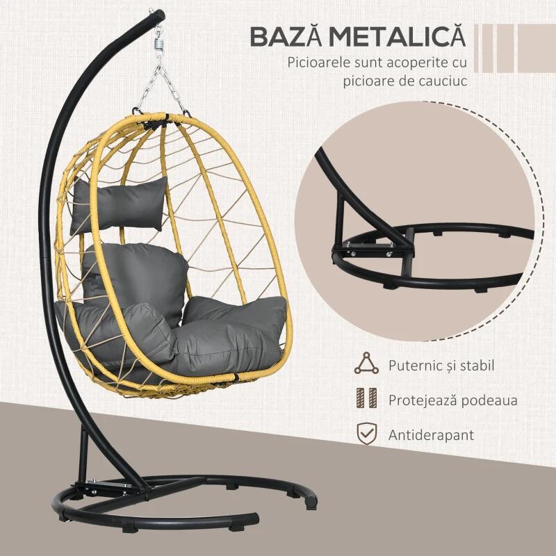 Függőhinta, Wilona, szintetikus rattan, sárga és fekete, szürke ülőpárna, max. 150 kg
