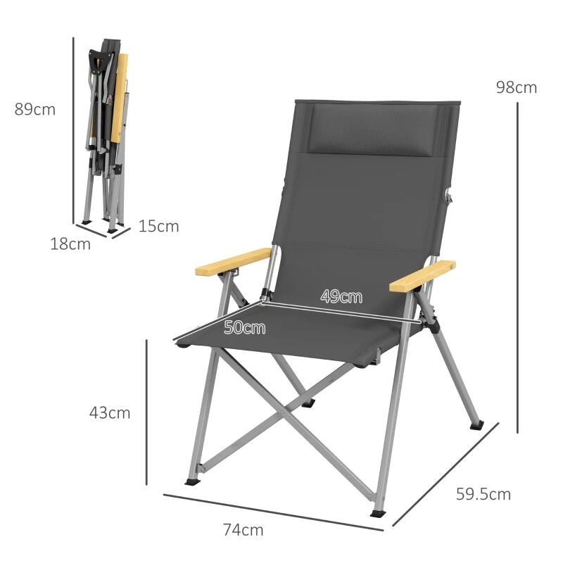 Scaun pliabil gradina, camping, pescuit, material Oxford, cu tetiera, buzunar, spatar reglabil, gri, 74x59.5x98 cm