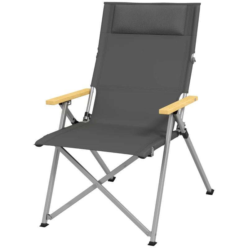 Scaun pliabil gradina, camping, pescuit, material Oxford, cu tetiera, buzunar, spatar reglabil, gri, 74x59.5x98 cm