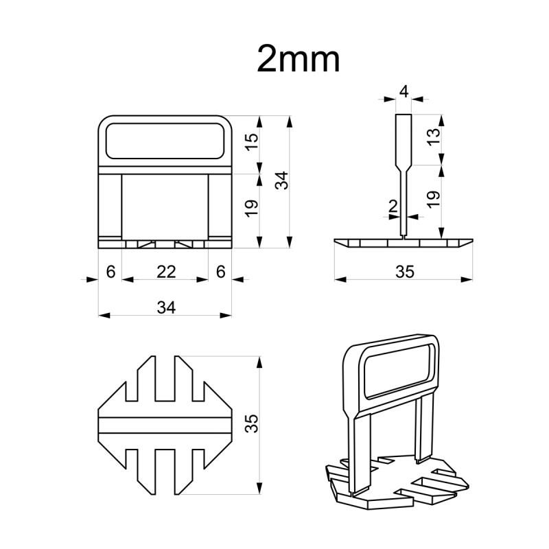 Távolságtartók kerámialapok szintezéséhez és beállításához, 100 db, 2 mm, Beorol