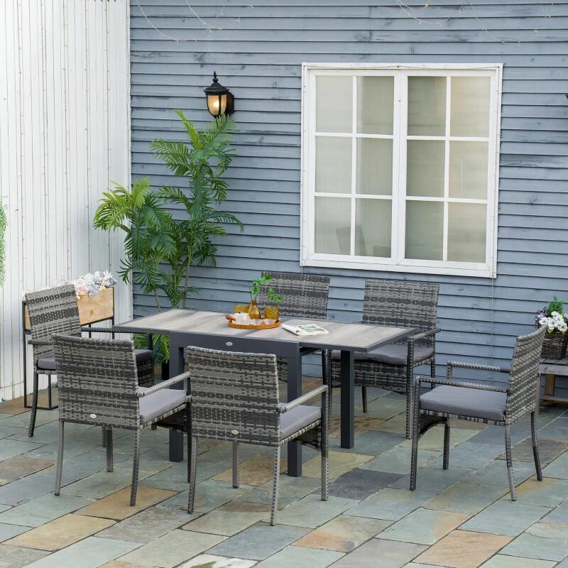 Set mobilier gradina/terasa, gri si maro, ratan sintetic, 1 masa extensibila, 6 scaune, Carolina