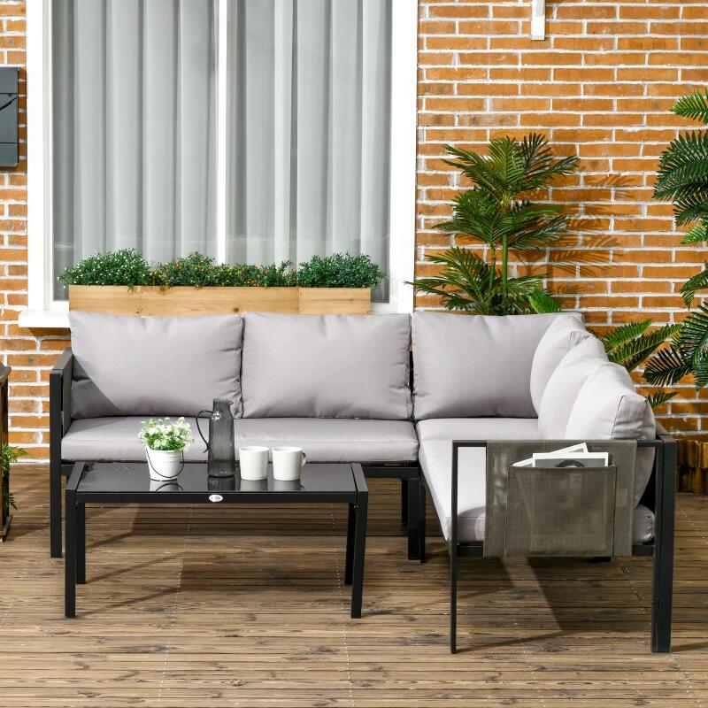 Set mobilier gradina/terasa, gri si negru, 1 masa, 3 canapele, Kayden