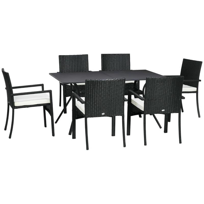 Kerti/terasz bútor szett, fekete és bézs, szintetikus rattan, 1 asztal, 6 szék, Lynna