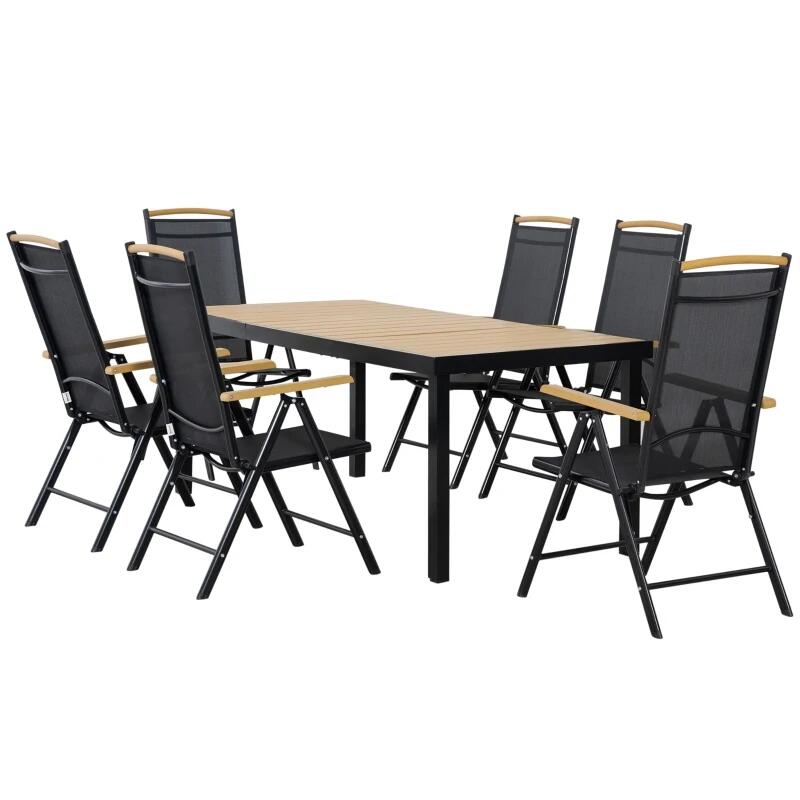 Set mobilier gradina/terasa, negru si stejar, 1 masa, 6 scaune, Abigail