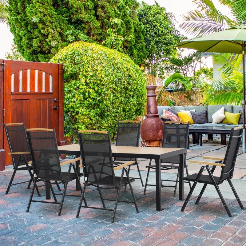 Set mobilier gradina/terasa, negru si stejar, 1 masa, 6 scaune, Abigail