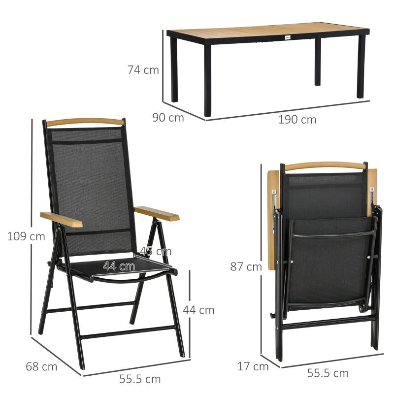 Set mobilier gradina/terasa, negru si stejar, 1 masa, 6 scaune, Abigail