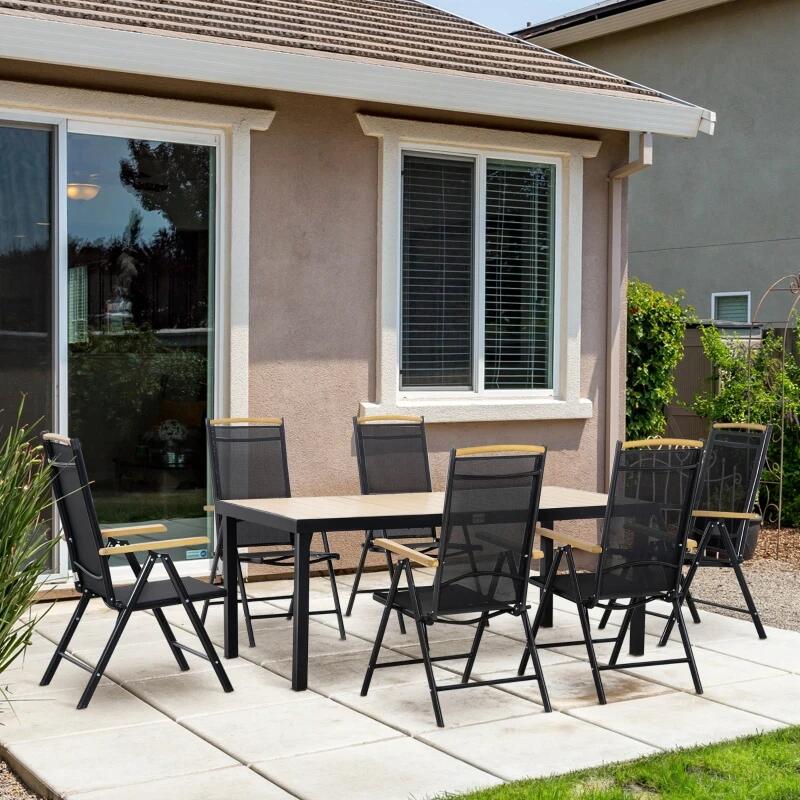 Set mobilier gradina/terasa, negru si stejar, 1 masa, 6 scaune, Abigail