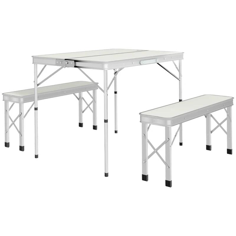 Kerti/kemping bútor szett, összecsukható, 1 asztal, 2 pad, MDF és alumínium, fehér, 90 cm, Frankfurt