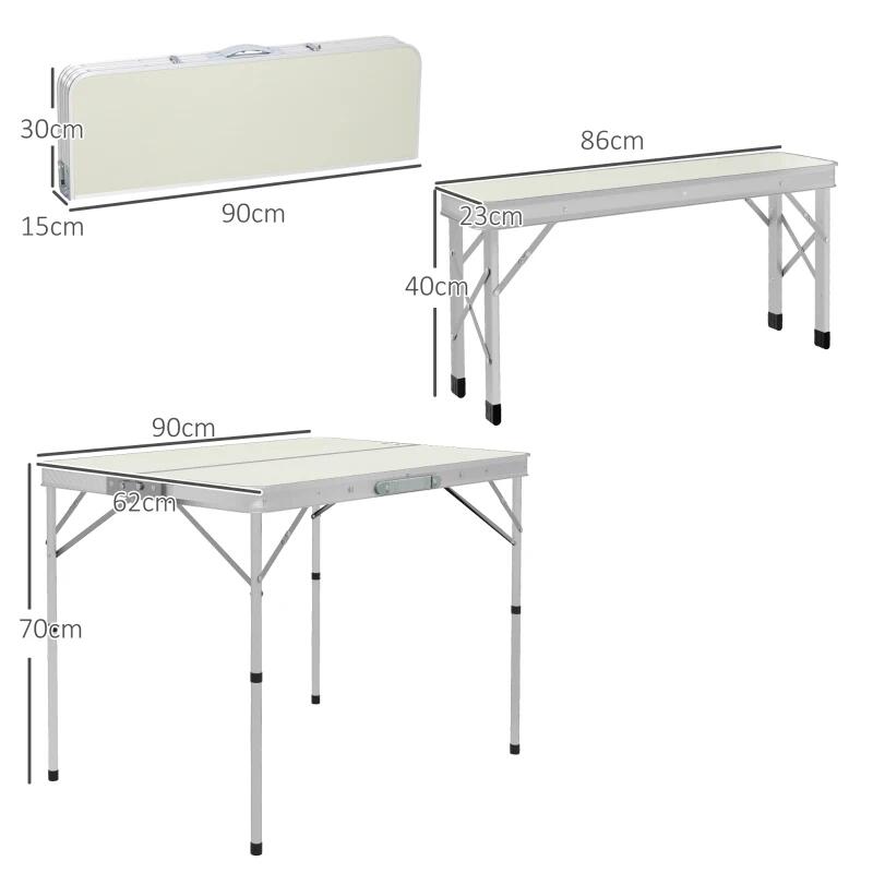 Kerti/kemping bútor szett, összecsukható, 1 asztal, 2 pad, MDF és alumínium, fehér, 90 cm, Frankfurt