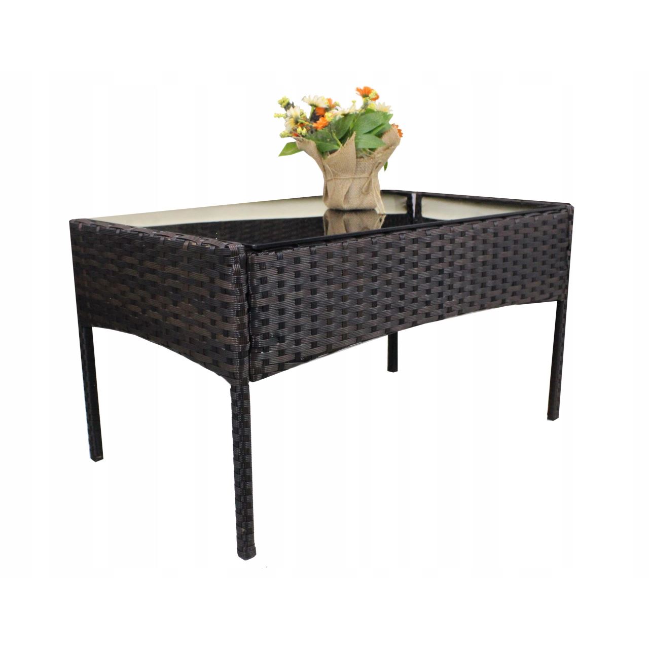 Kerti/terasz bútor szett, polyrattan, barna krémszínű párnákkal, 1 asztal, 2 fotel, 1 kanapé, Medi