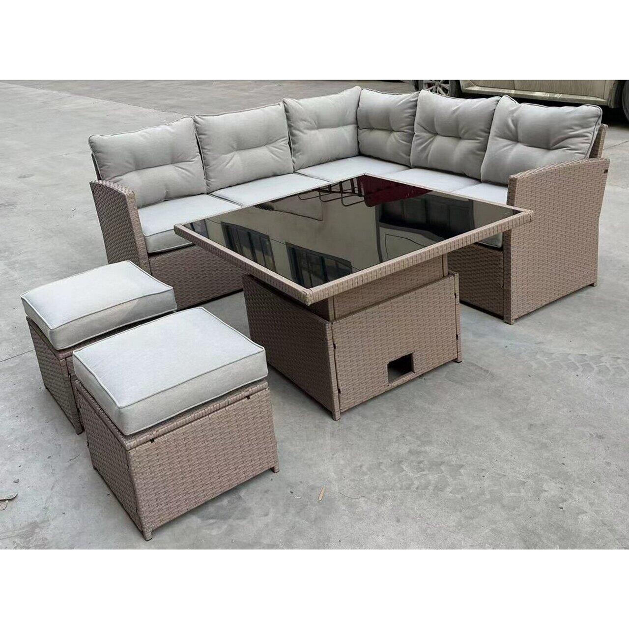 Kerti/terasz bútor szett, polyrattan, barna és krémszínű, 1 asztal, 2 bárszék, 1 sarokkanapé, Chomik, Cassy