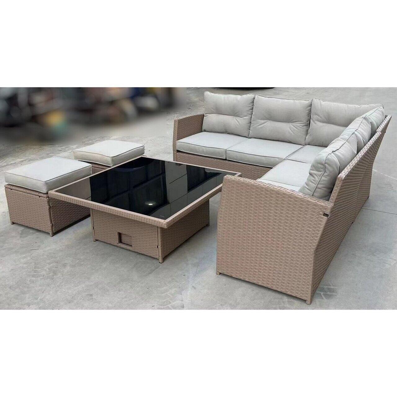 Kerti/terasz bútor szett, polyrattan, barna és krémszínű, 1 asztal, 2 bárszék, 1 sarokkanapé, Chomik, Cassy