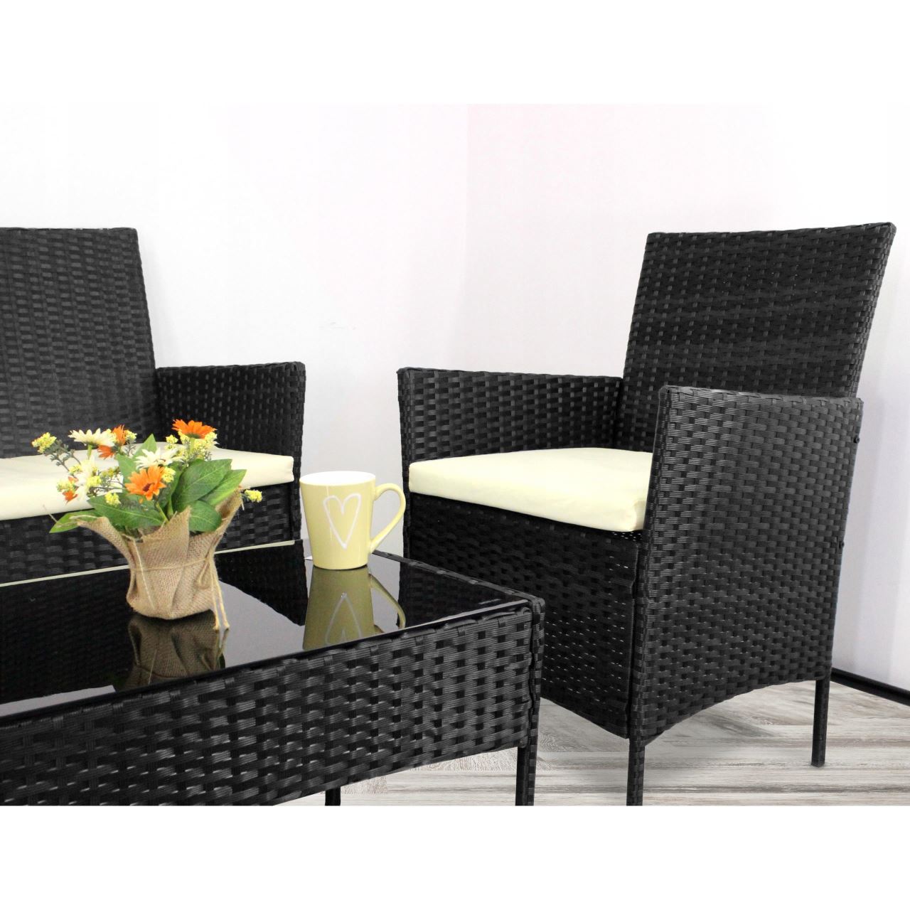 Kerti/terasz bútor szett, polyrattan, fekete, krémszínű párnákkal, 1 asztal, 2 fotel, 1 kanapé, Medi
