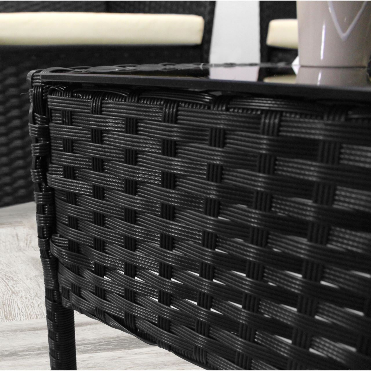 Kerti/terasz bútor szett, polyrattan, fekete, krémszínű párnákkal, 1 asztal, 2 fotel, 1 kanapé, Medi
