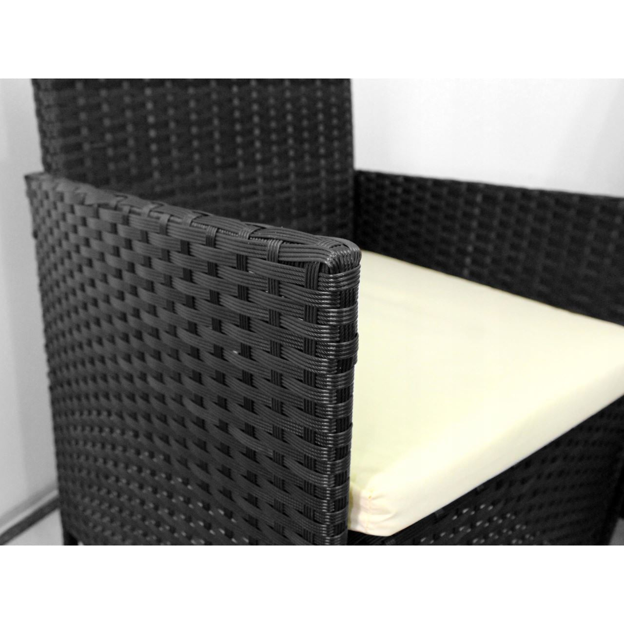 Kerti/terasz bútor szett, polyrattan, fekete, krémszínű párnákkal, 1 asztal, 2 fotel, 1 kanapé, Medi