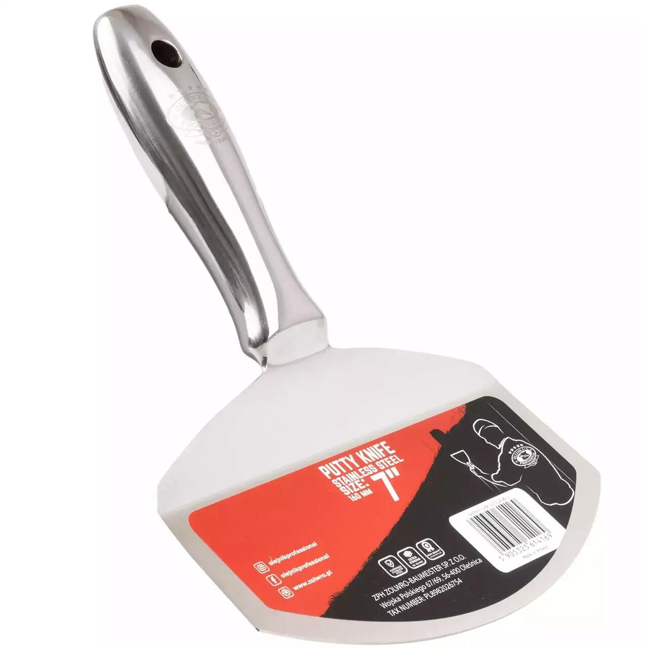 Rozsdamentes acél spatula vödörhöz, ívelt pengével, 160 mm, Olejnik
