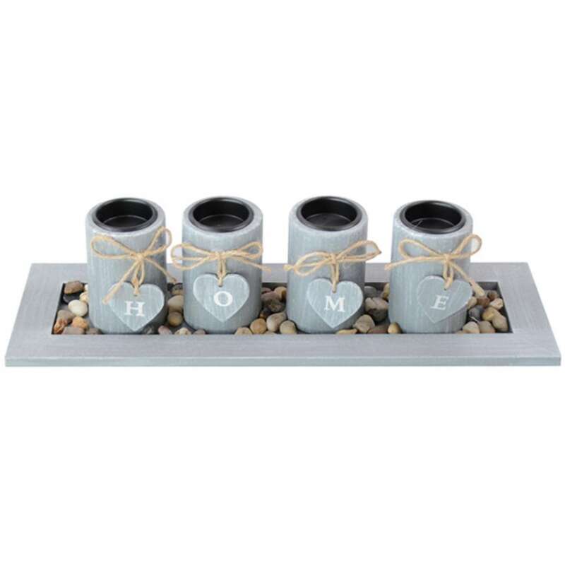 4 gyertyatartó, HOME modell, fa és természetes kövek, szürke, 39x12,5x10 cm, Magic Home