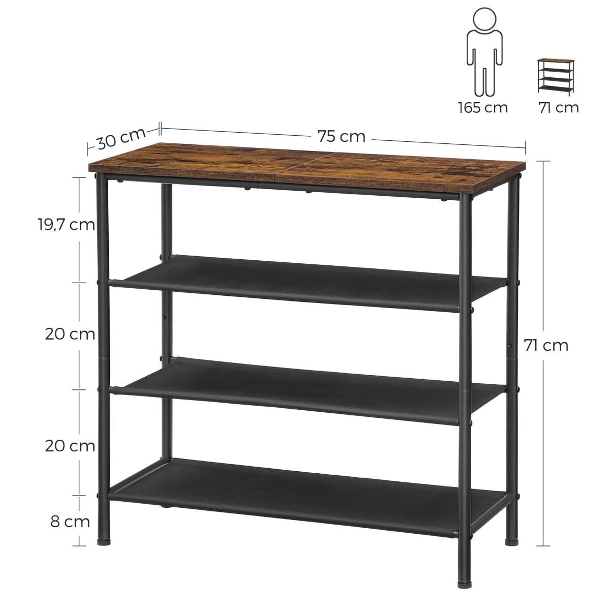 Suport depozitat incaltaminte, 4 polite, pal, otel, maro rustic si negru, 75x30x71 cm