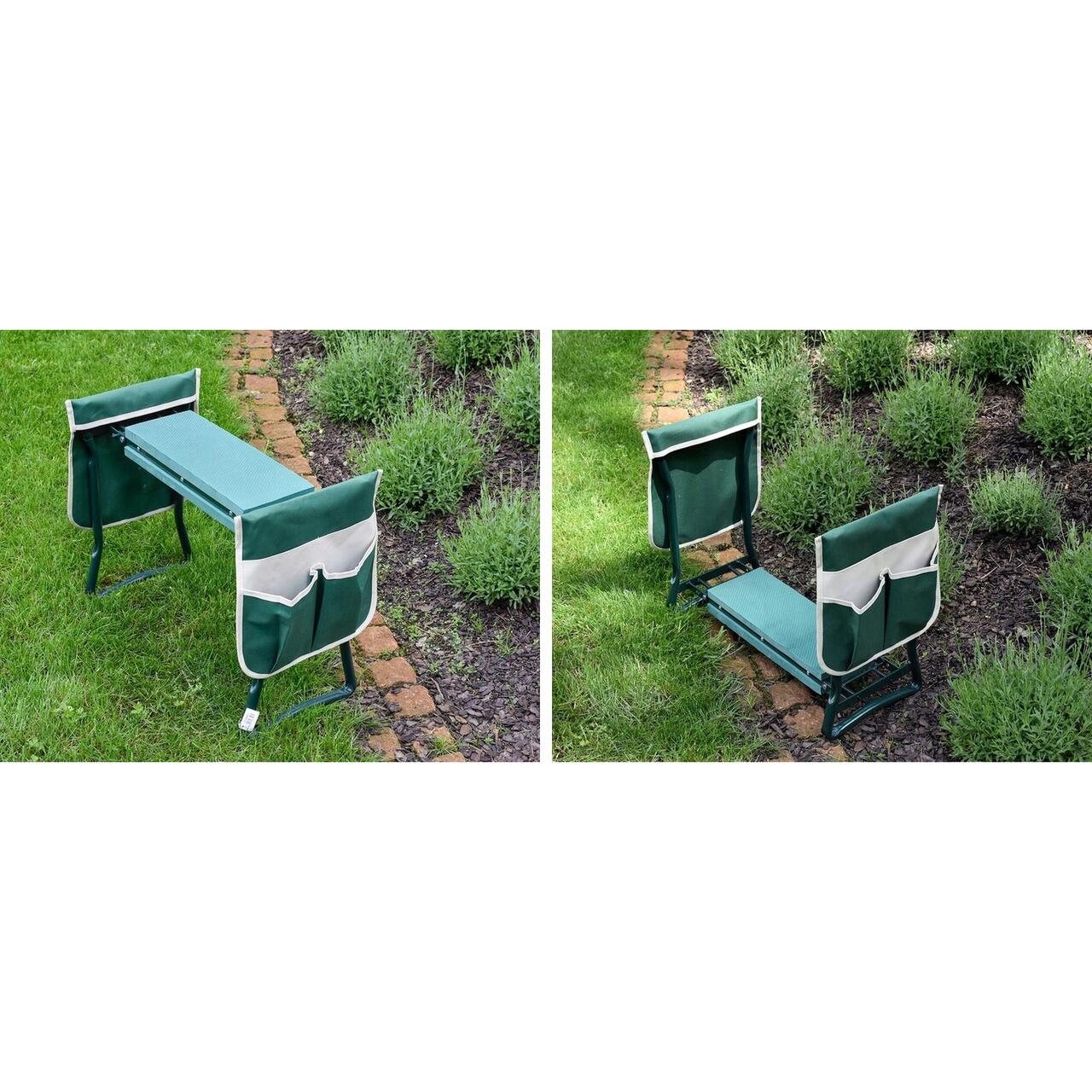 Suport genunchi pentru gradinarit, Jumi, 3 in 1, cu buzunare laterale, spuma si metal, verde, 59x28x49 cm