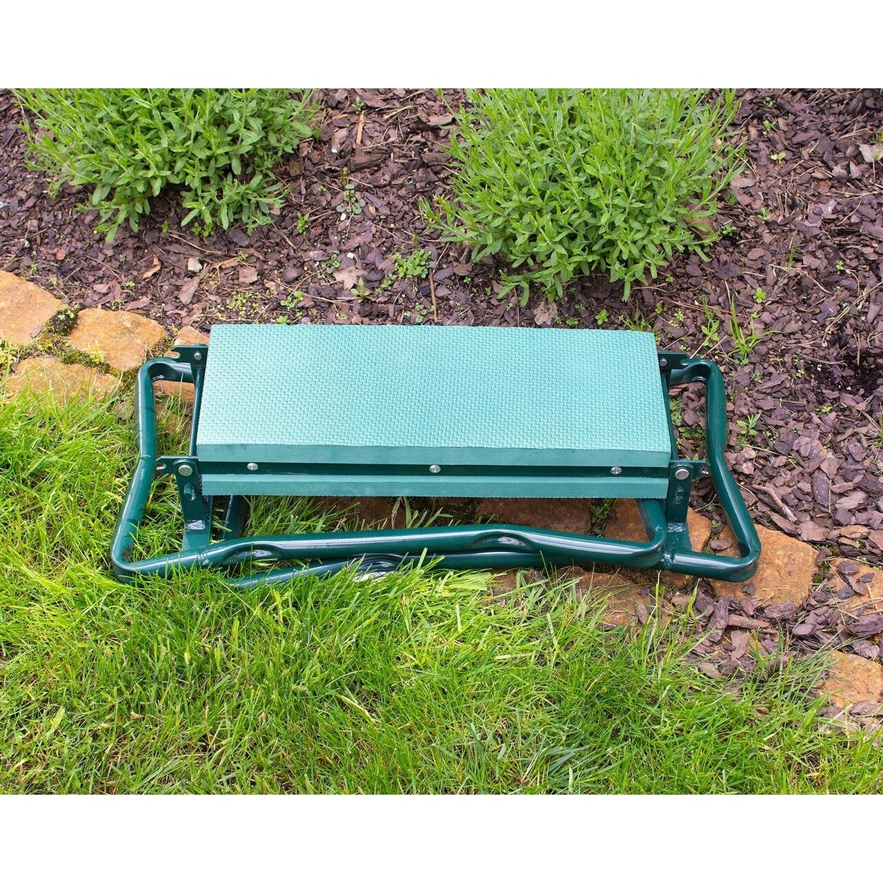 Suport genunchi pentru gradinarit, Jumi, 3 in 1, cu buzunare laterale, spuma si metal, verde, 59x28x49 cm