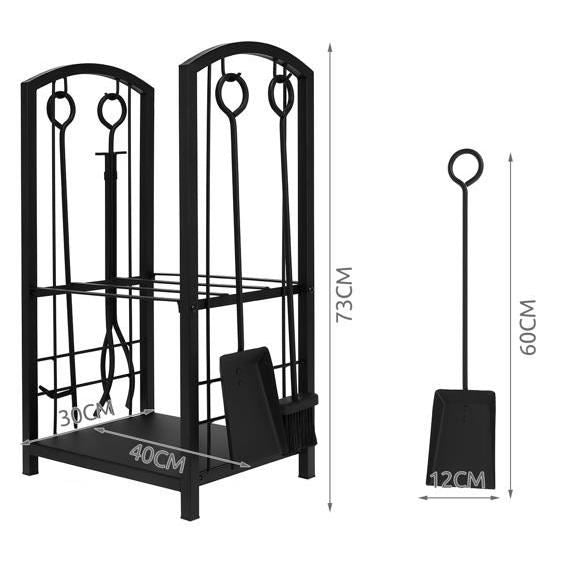 Set suport lemne semineu, 2 nivele, cu 4 accesorii 60 cm, otel, 40x30x73 cm