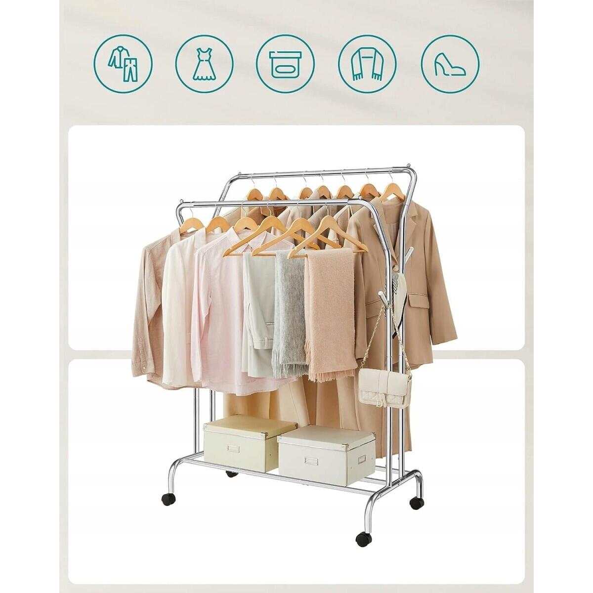 Suport mobil cu roti pentru haine, cu raft incaltaminte, otel, argintiu, max 100 kg, 103.5x52.5x155 cm