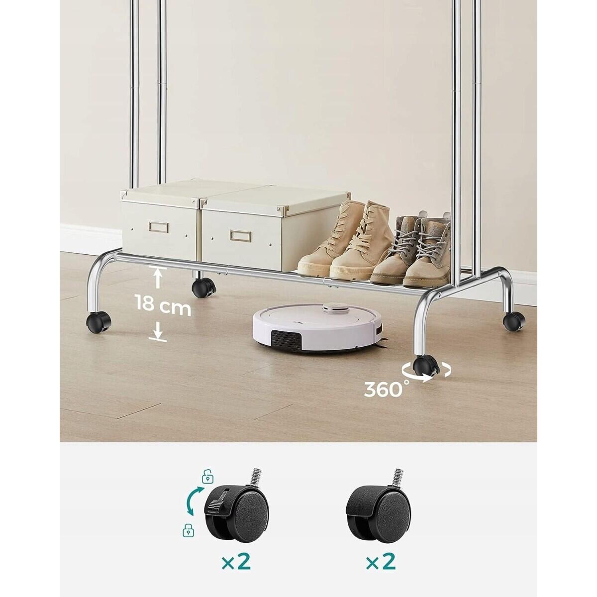 Suport mobil cu roti pentru haine, cu raft incaltaminte, otel, argintiu, max 100 kg, 103.5x52.5x155 cm