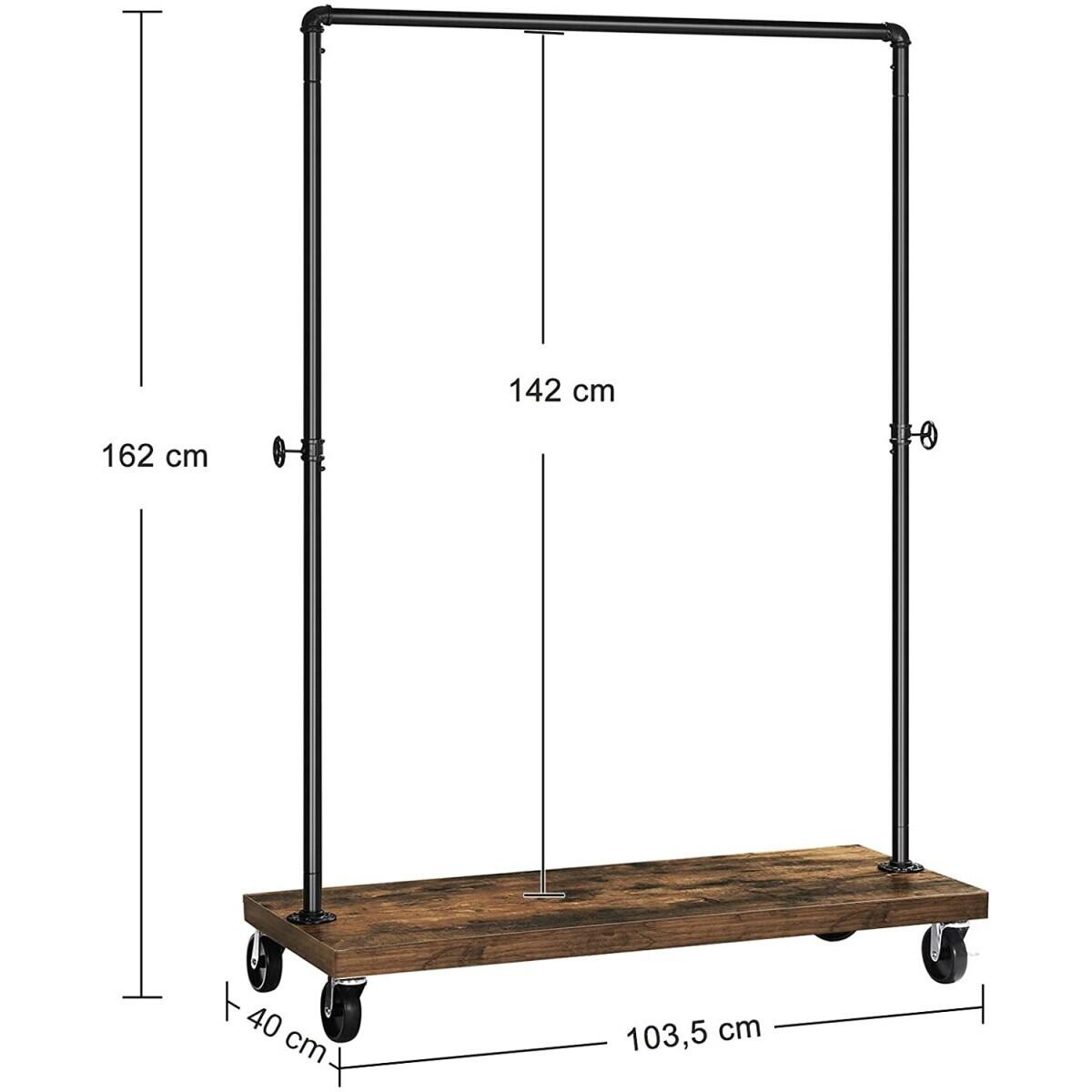 Ruhatartó állvány kerekekkel, cipőtartóval, világos, fém, fekete és rusztikus barna, max. 90 kg, 103,5x40x162 cm