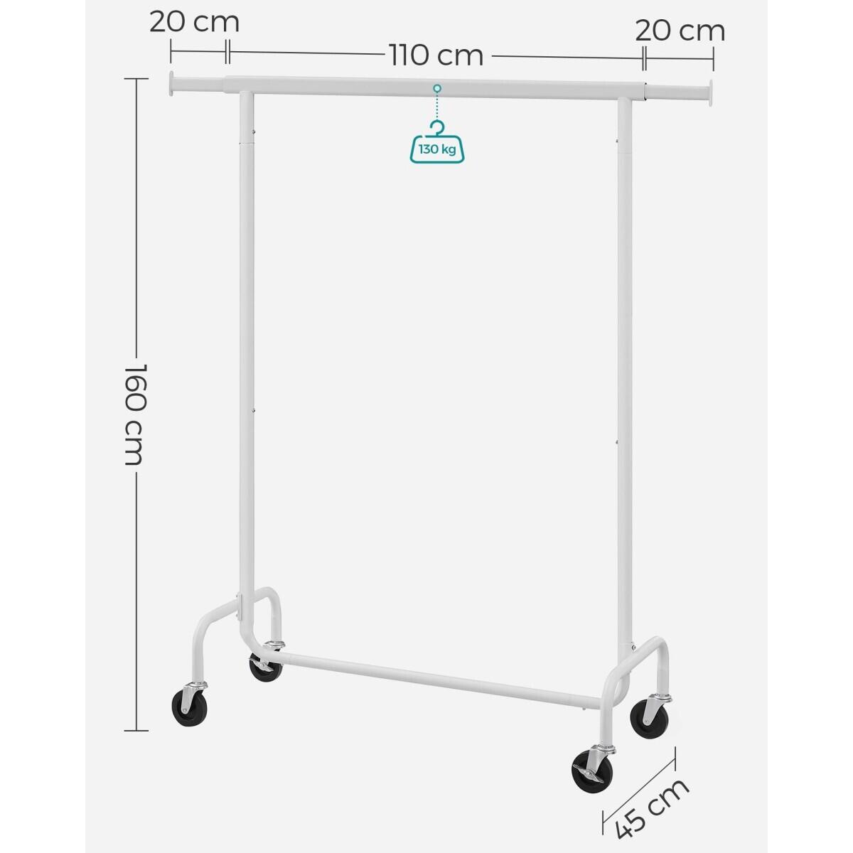 Suport mobil cu roti pentru haine, Artool, reglabil, otel, alb, max 136 kg, 110-150x45x160 cm