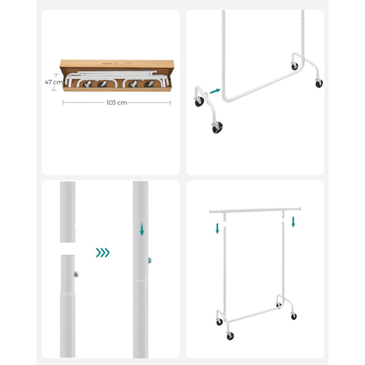 Suport mobil cu roti pentru haine, Artool, reglabil, otel, alb, max 136 kg, 110-150x45x160 cm