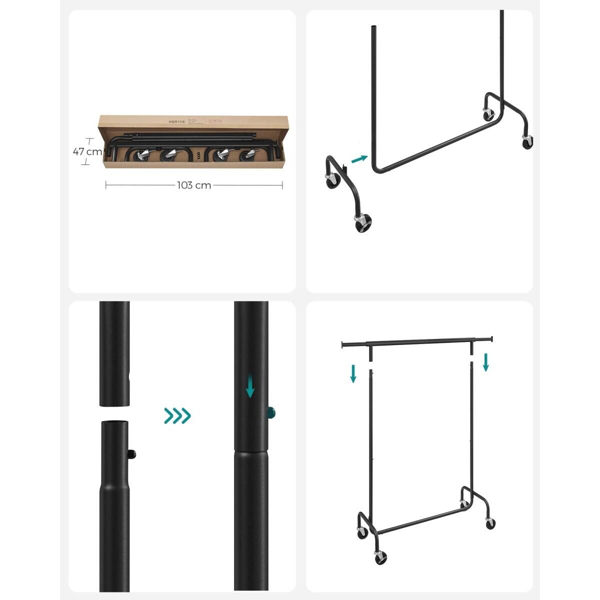 Ruhatartó állvány kerekekkel, állítható, acél, fekete, max. 136 kg, 110-150x45x160 cm