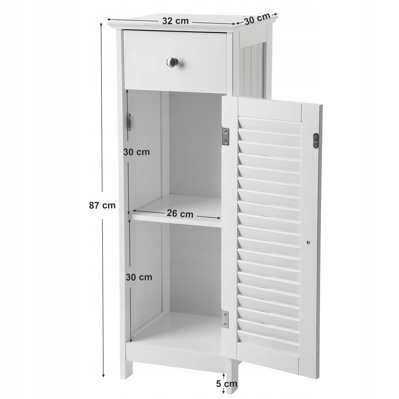 Dulap baie, Vasagle, placa MDF, 1 raft, 1 usa, 1 sertar, alb, 32x30x87cm
