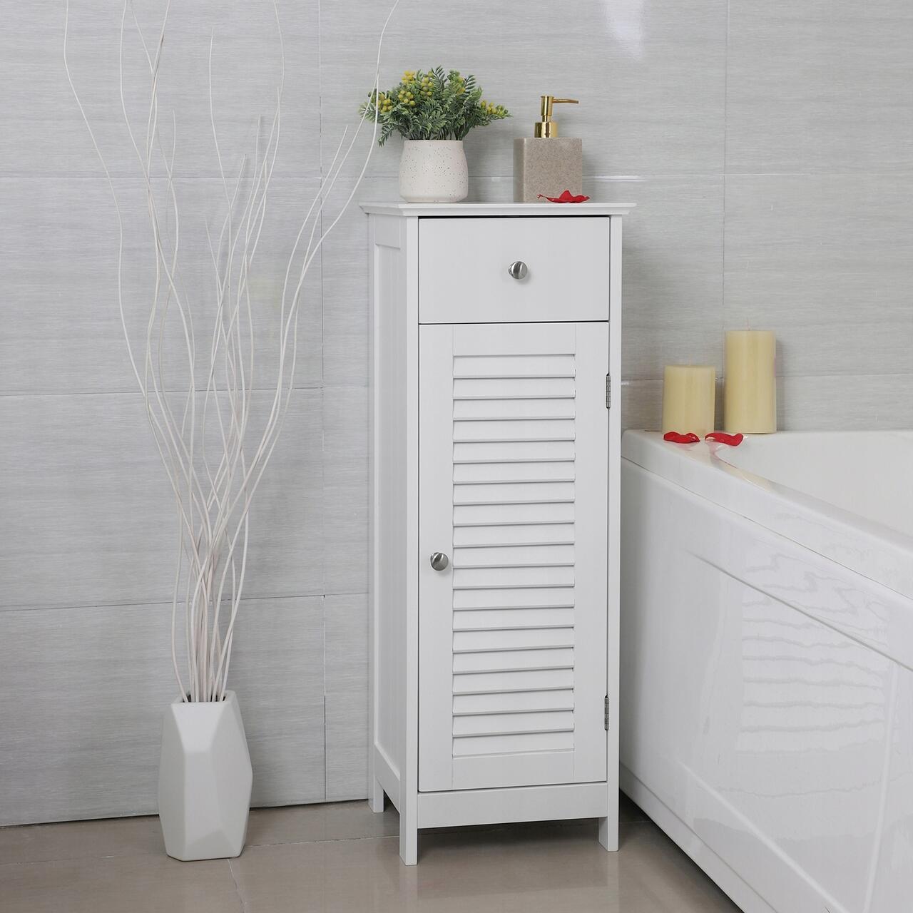 Dulap baie, Vasagle, placa MDF, 1 raft, 1 usa, 1 sertar, alb, 32x30x87cm