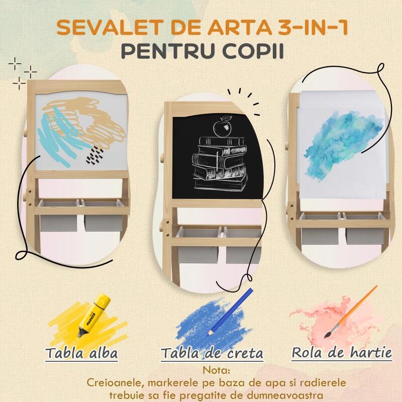 Tabla tip sevalet pentru desen/pictura, cu 2 fete, 3 in 1, 2 compartimente, 58x50.5x109 cm