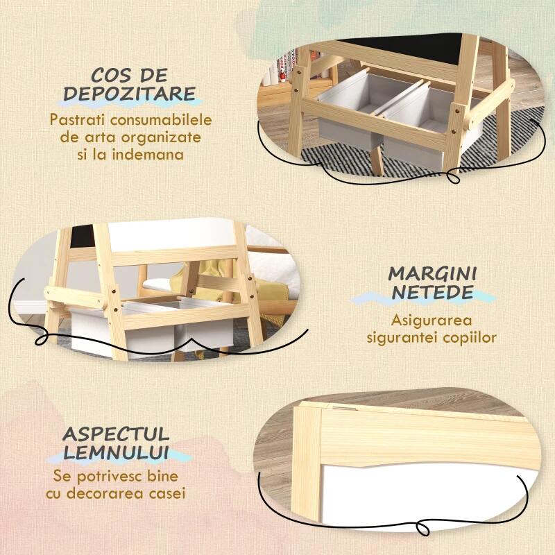 Tabla tip sevalet pentru desen/pictura, cu 2 fete, 3 in 1, 2 compartimente, 58x50.5x109 cm