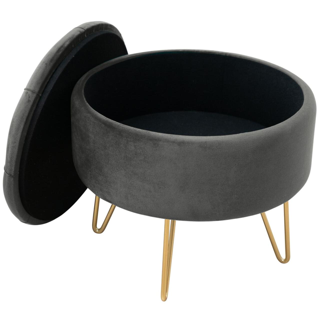 Taburet, rotund, cu spatiu depozitare, catifea, gri grafit, max 80 kg, 38x33 cm, Caro, Akord