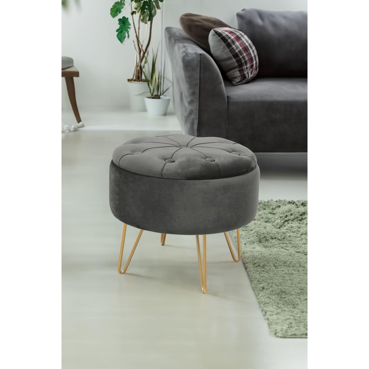Taburet, rotund, cu spatiu depozitare, catifea, gri grafit, max 80 kg, 38x33 cm, Caro, Akord