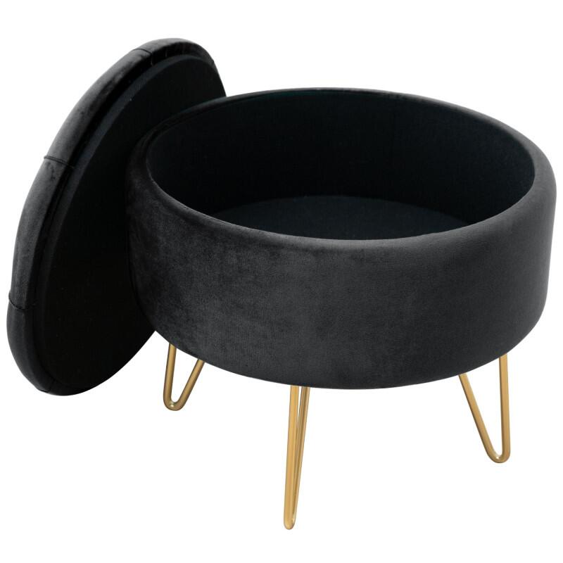 Taburet, rotund, cu spatiu depozitare, catifea, negru, max 80 kg, 38x33 cm, Caro, Akord