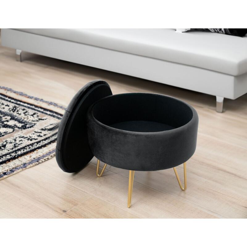 Taburet, rotund, cu spatiu depozitare, catifea, negru, max 80 kg, 38x33 cm, Caro, Akord
