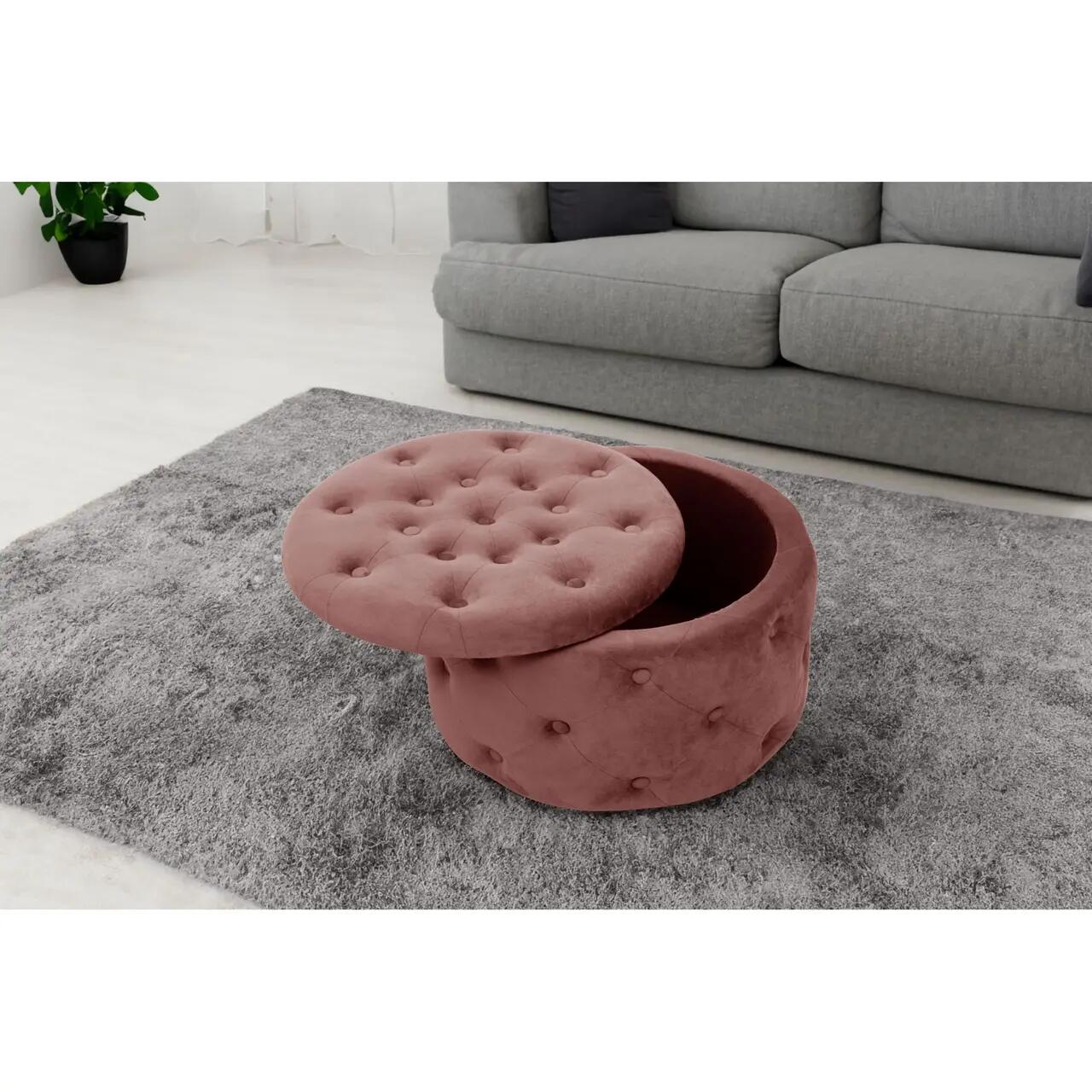 Taburet, rotund, cu spatiu depozitare, catifea, roz, max 80 kg, 55x30 cm, Alia, Akord