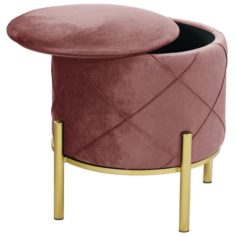 Taburet, rotund, cu spatiu depozitare, picioare metal, catifea, roz, max 80 kg, 37x40 cm, Savana, Akord
