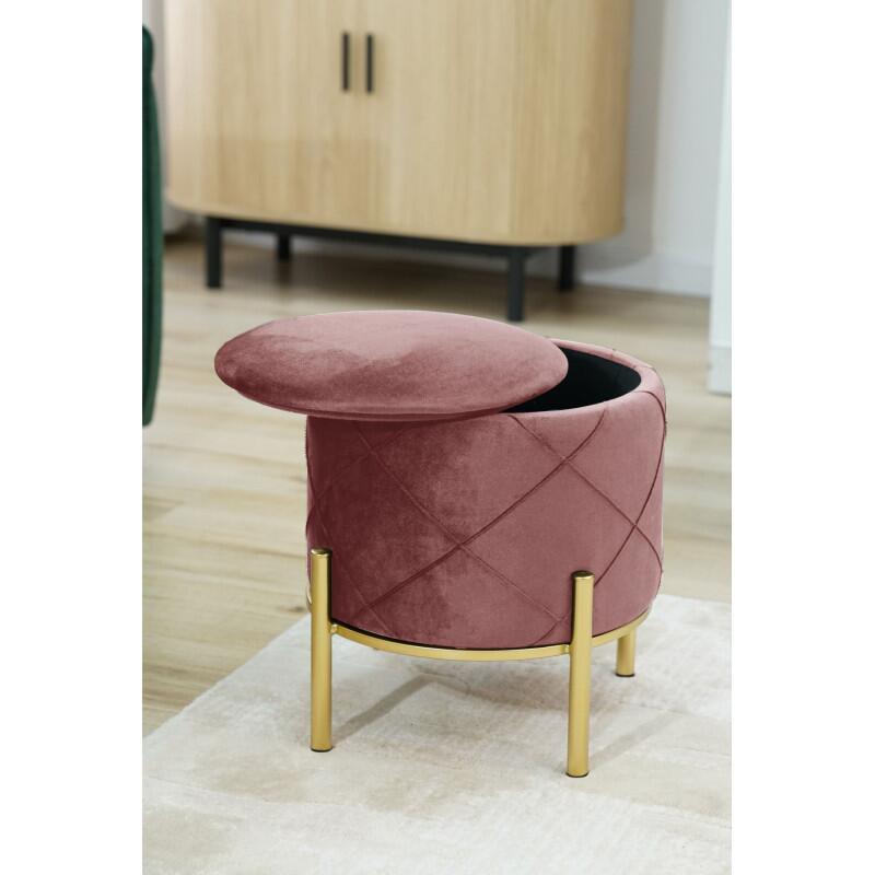 Taburet, rotund, cu spatiu depozitare, picioare metal, catifea, roz, max 80 kg, 37x40 cm, Savana, Akord
