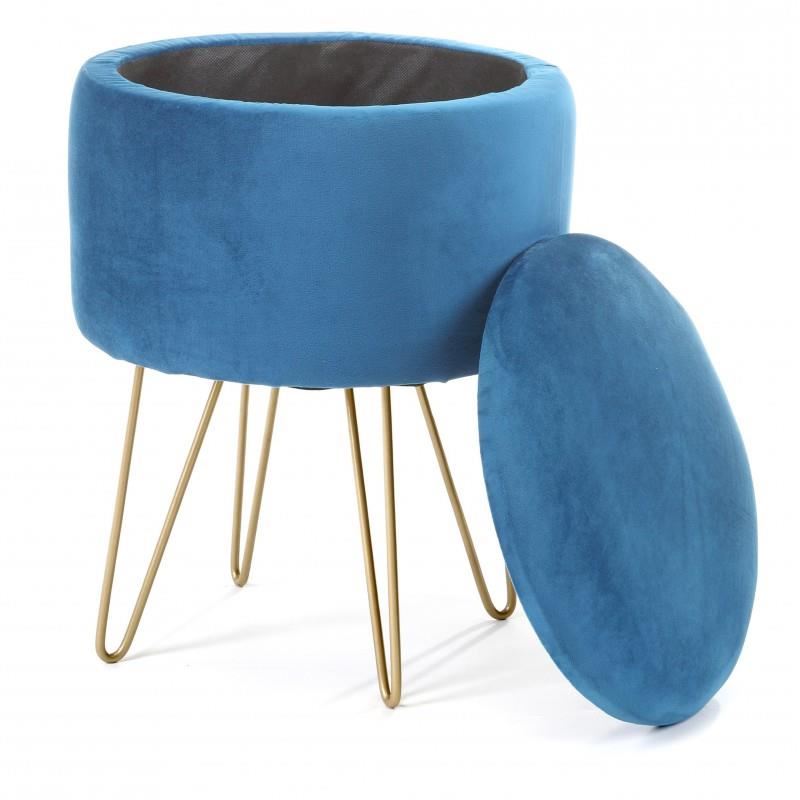 Taburet, rotund, cu spatiu depozitare, catifea, albastru, max 90 kg, 35x35x45 cm, Lili