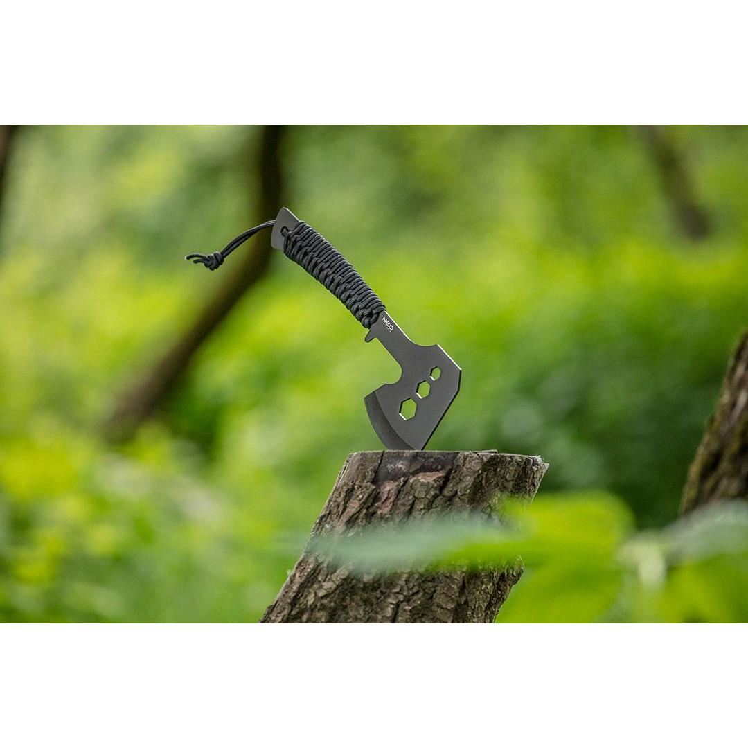 Topor multifunctional, maner paracord, model Survival, inox, negru, NEO