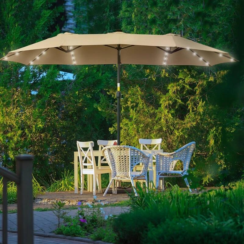 Umbrela gradina/terasa, LED solar, dreptunghiulara, kaki, 265x450 cm