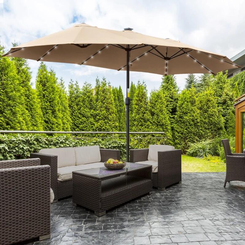 Umbrela gradina/terasa, LED solar, dreptunghiulara, kaki, 265x450 cm