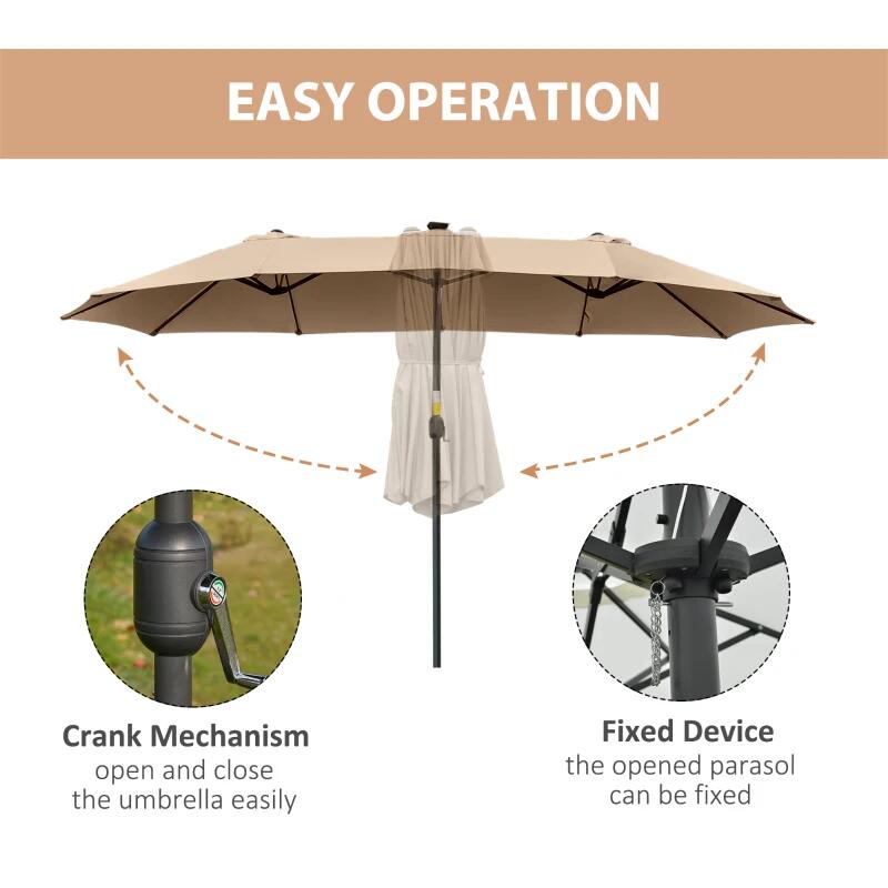 Umbrela gradina/terasa, LED solar, dreptunghiulara, kaki, 265x450 cm
