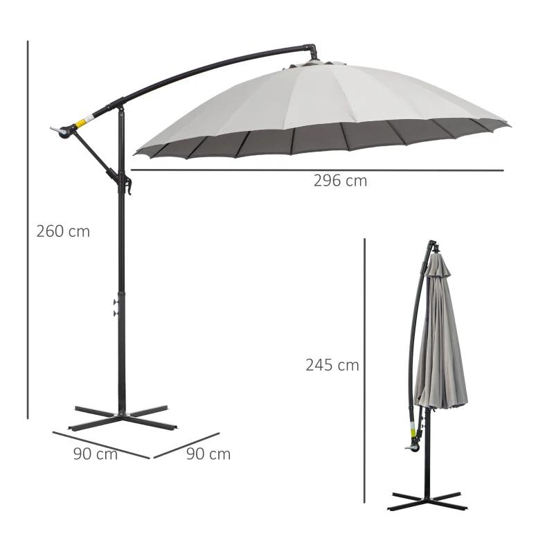 Kerti/terasz napernyő, banáncsuklós, tekerőkarral, szürke, 296 cm
