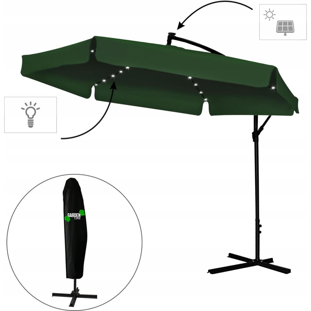 Kerti/terasz napernyő LED-del, Chomik, banáncsuklós, zöld, 300 cm