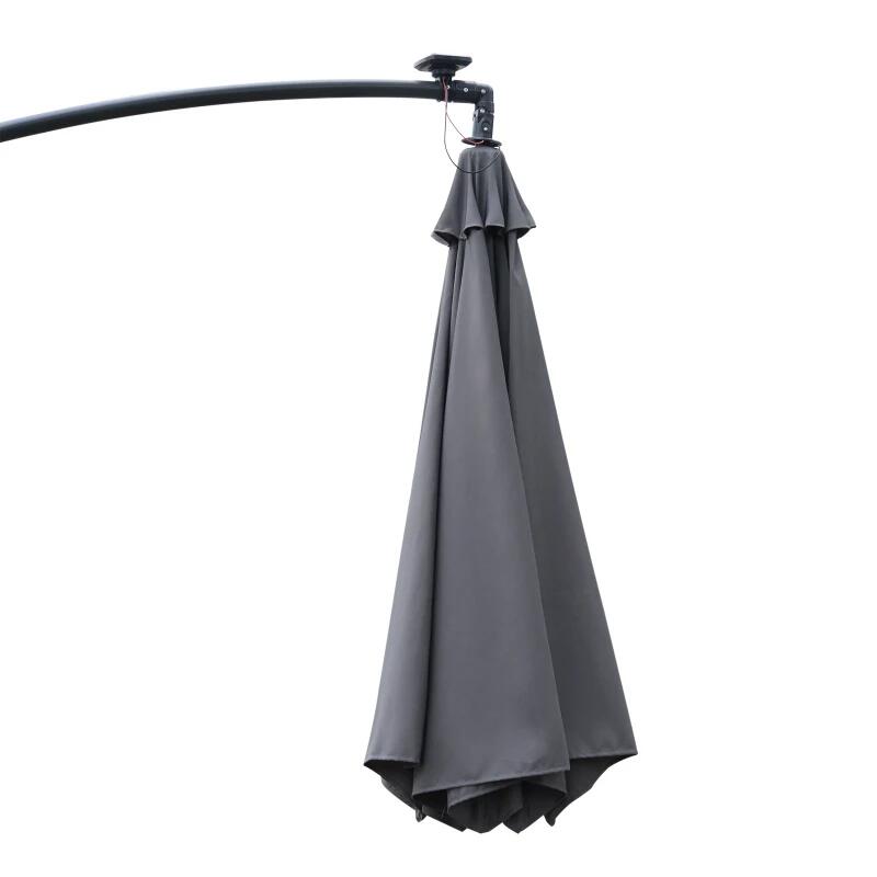 Kerti/terasz napernyő napelemmel, LED világítással, banáncsuklóval, hajtókarral, szürke, 295 cm